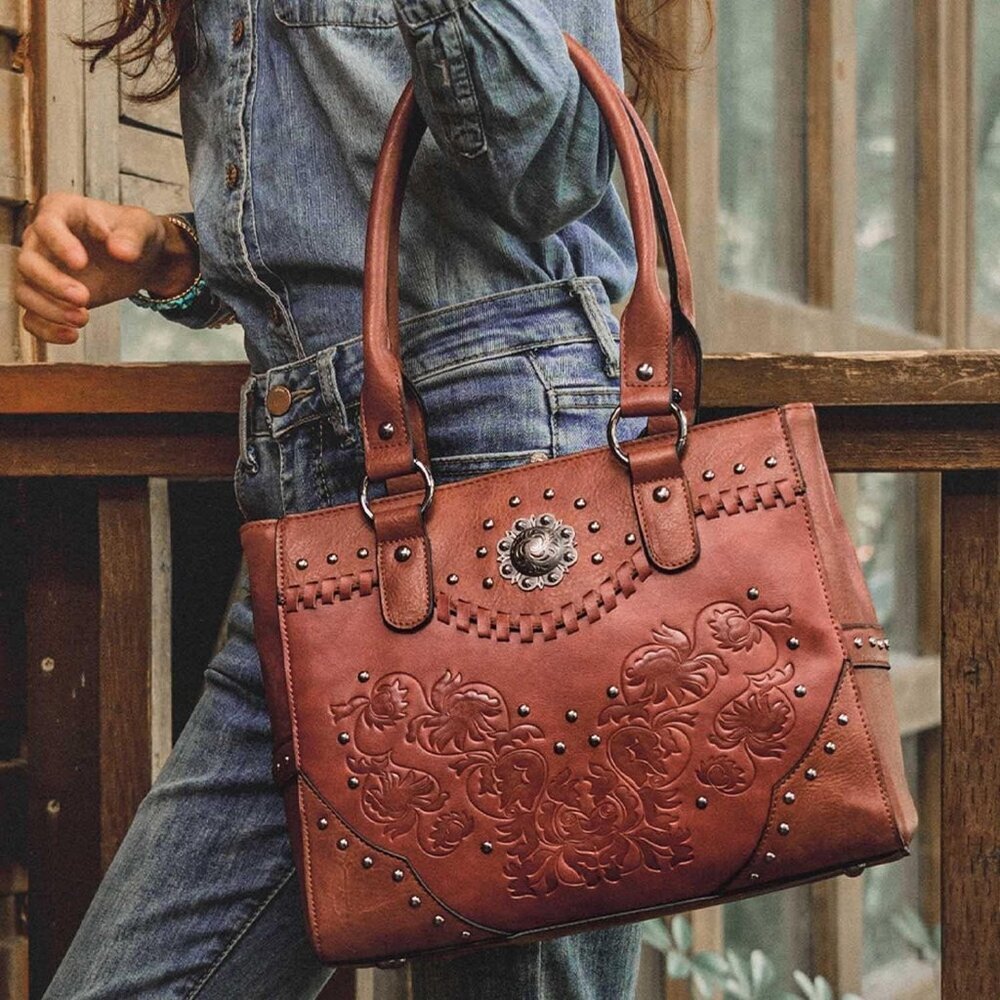Women's Coffee Pu Leather Large Western Top Handle Vintage Embossed Shoulder Bag - Picture 3 of 6